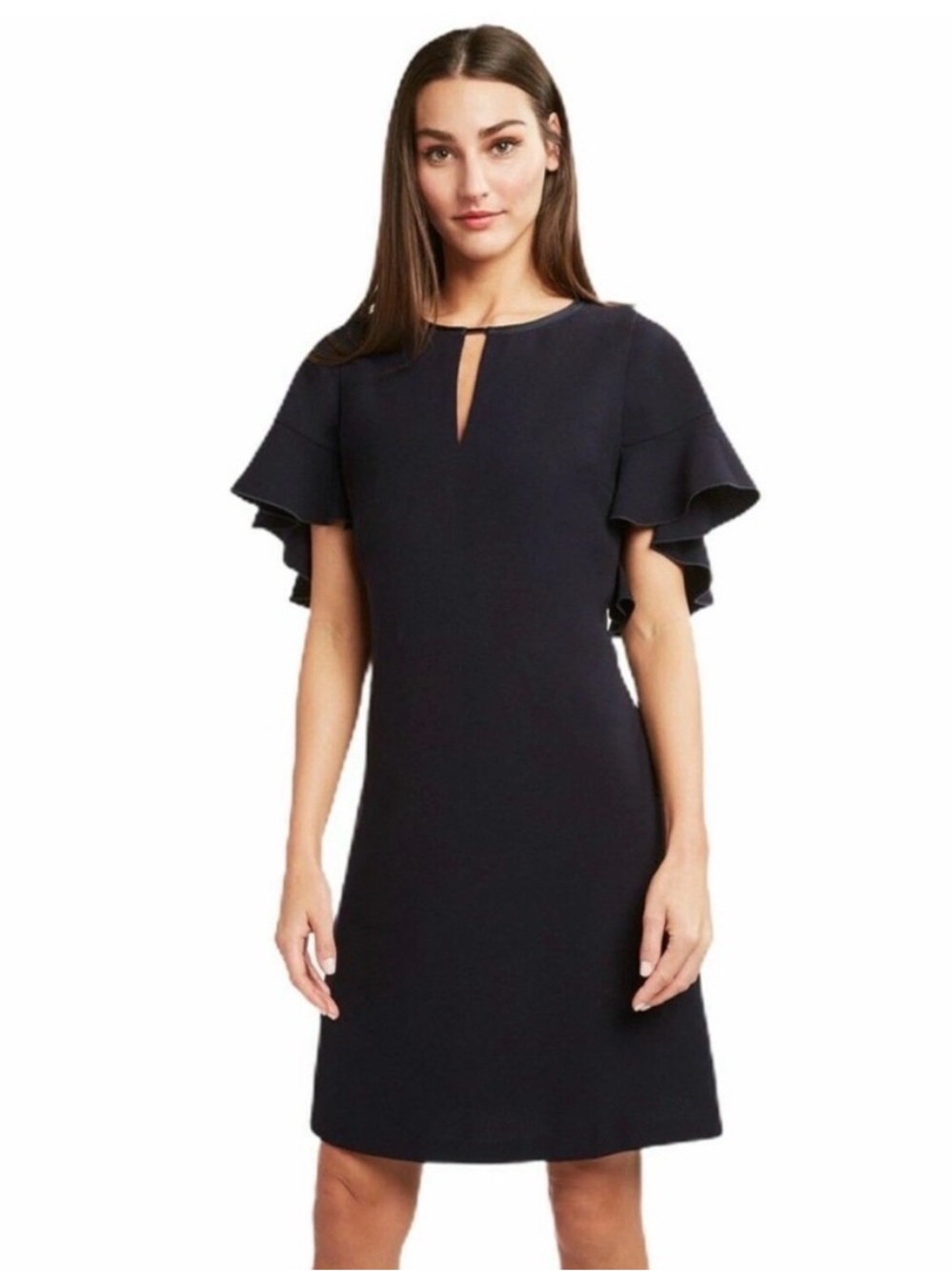 TAHARI Navy Flutter Sleeve MIDI Dress w/Cutout Details Sz 14